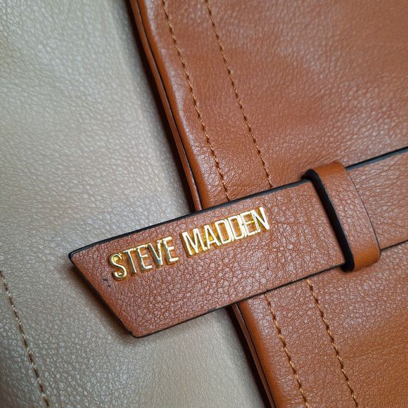 Steve Madden Brown & Taupe Fold Over Flap Shoulder Bag, Gold Chain Accents - Picture 5 of 8